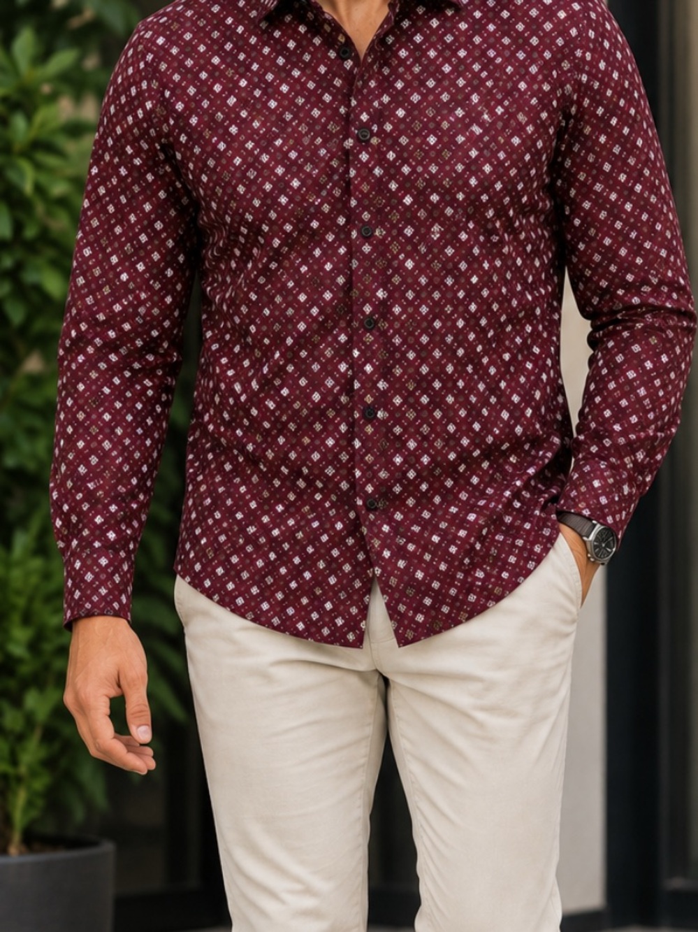 Men's Burgundy Printed Long-Sleeve Button-Down Shirt